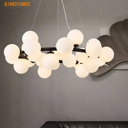 Modern nordic decorbites glass ball chandelier with frosted white glass globes and dark metal frame for living room lighting