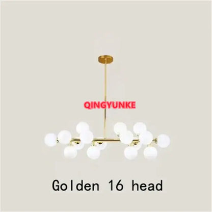 Decorbites glass ball chandelier with 16 white spherical glass bulbs on brass frame for modern living room lighting