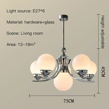 Chrome-finished DecorBites glass ball chandelier with six frosted glass globes for modern room decor