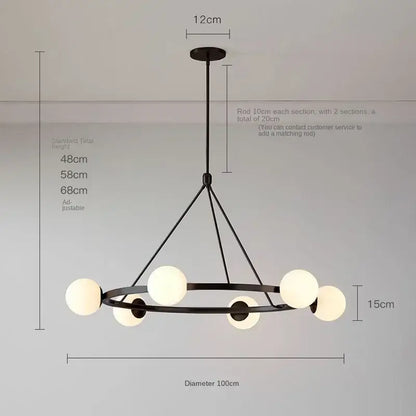 Black metal DecorBites glass ball chandelier with six frosted globe lights pendant light in modern Nordic style