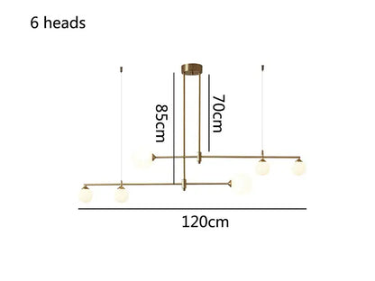 Brass-finished decorbites glass ball pendant light fixture with six spherical glass lights for dining room and kitchen