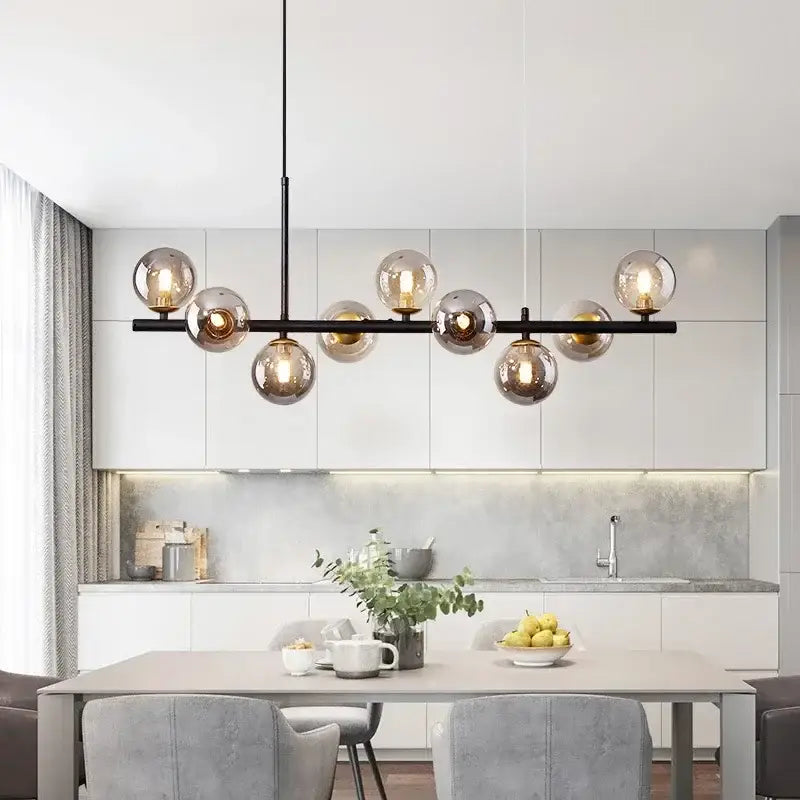 DecorBites™ modern black metal glass ball chandelier lighting fixture with multiple warm glowing spherical bulbs