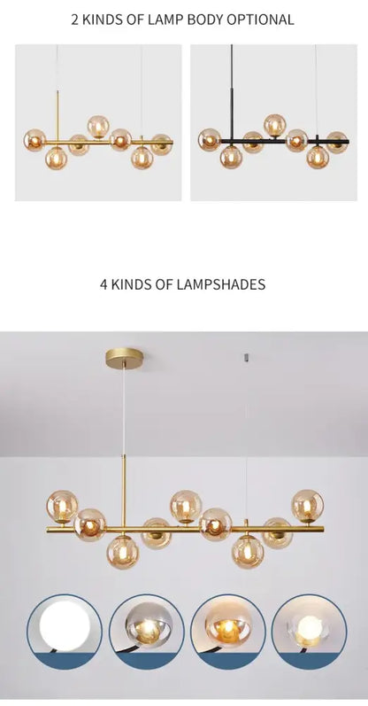 Decorbites™ glass ball chandelier modern gold-toned lighting fixture with multiple spherical glass shades and sleek bar design