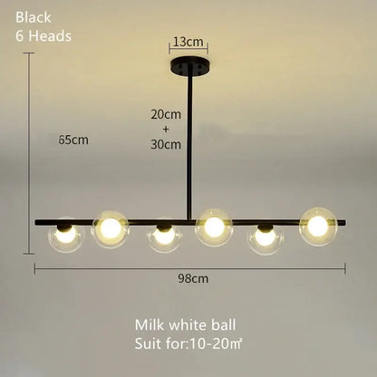 Decorbites glass ball chandelier with black frame and six milk white spherical glass bulbs for modern home decor
