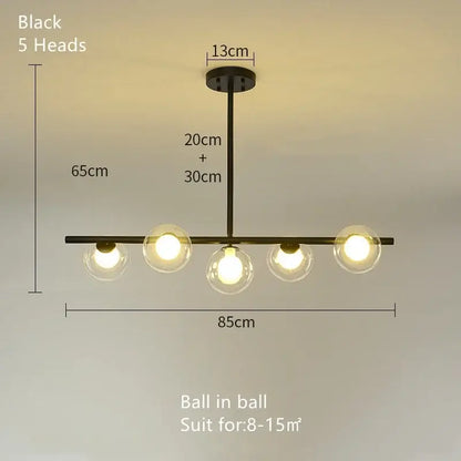 Black modern decorbites glass ball chandelier with five spherical glass bulbs in a linear LED pendant lamp design