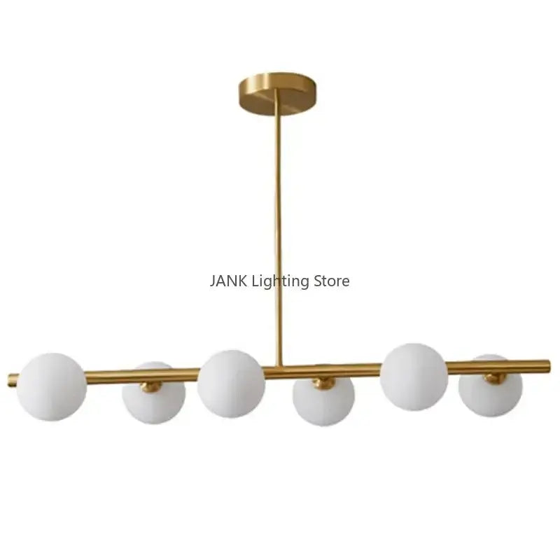 Decorbites glass ball chandelier with five frosted white glass globes on a gold-toned horizontal bar for modern home decor