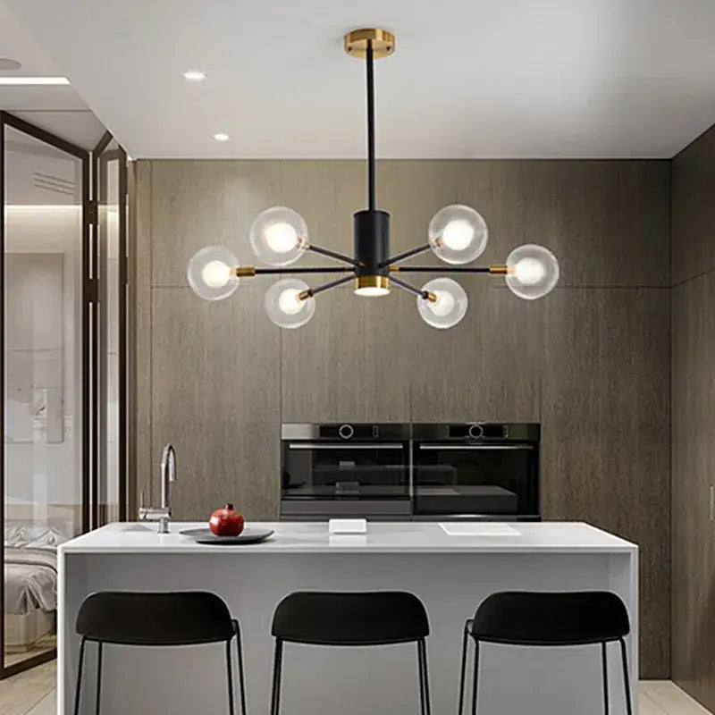 Modern black and gold decorbites glass ball chandelier with six frosted glass globe bulbs for elegant lighting