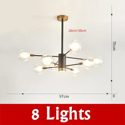 Modern black and brass decorbites glass ball chandelier with eight clear glass globe bulbs for elegant lighting