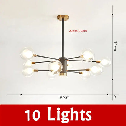 Modern black and brass decorbites glass ball chandelier with ten clear glass globe bulbs for elegant lighting