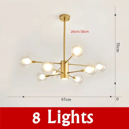 Gold-toned decorbites glass ball modern chandelier with eight clear glass globe bulbs for elegant pendant lighting