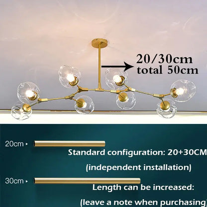 Decorbites glass ball led chandelier in gold tone with clear glass globe shades and branching metal structure nordic style