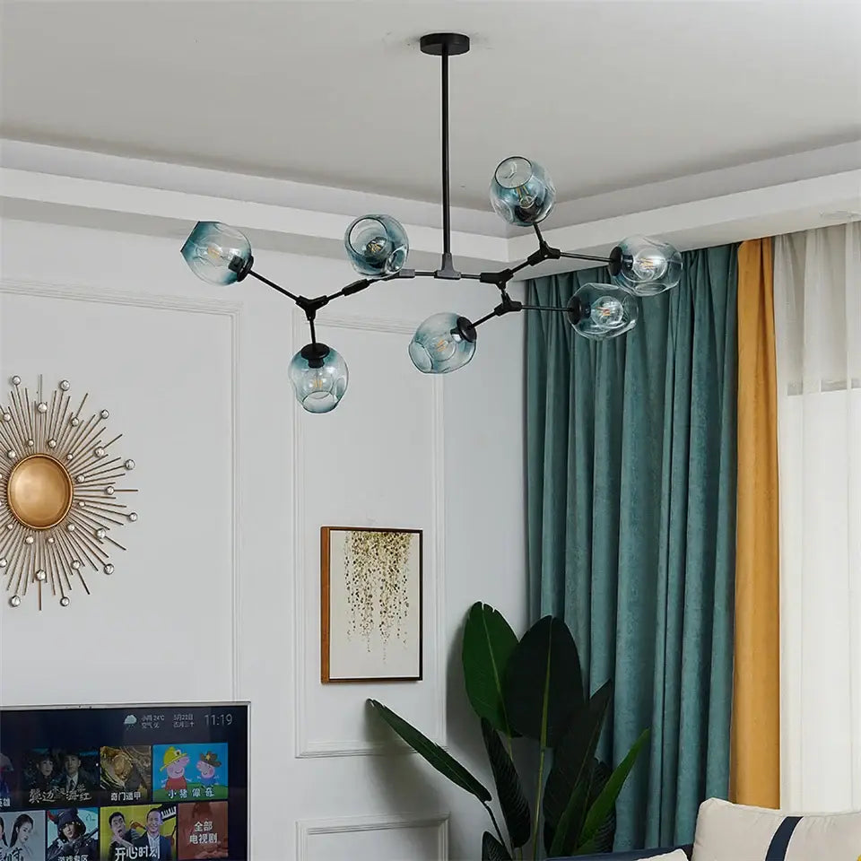Modern black metal DecorBites glass ball led chandelier with translucent teal glass globe bulbs in Nordic style design