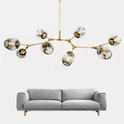 Modern brass decorbites™ glass ball led chandelier with smoked glass globe shades and exposed filament bulbs