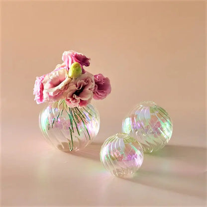 DecorBites™ iridescent glass ball vase set with vertical ribbed patterns for elegant home decor display