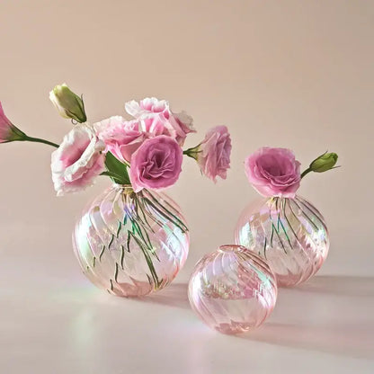 Set of three iridescent pink ribbed glass ball vases from DecorBites for elegant home decor vase set display