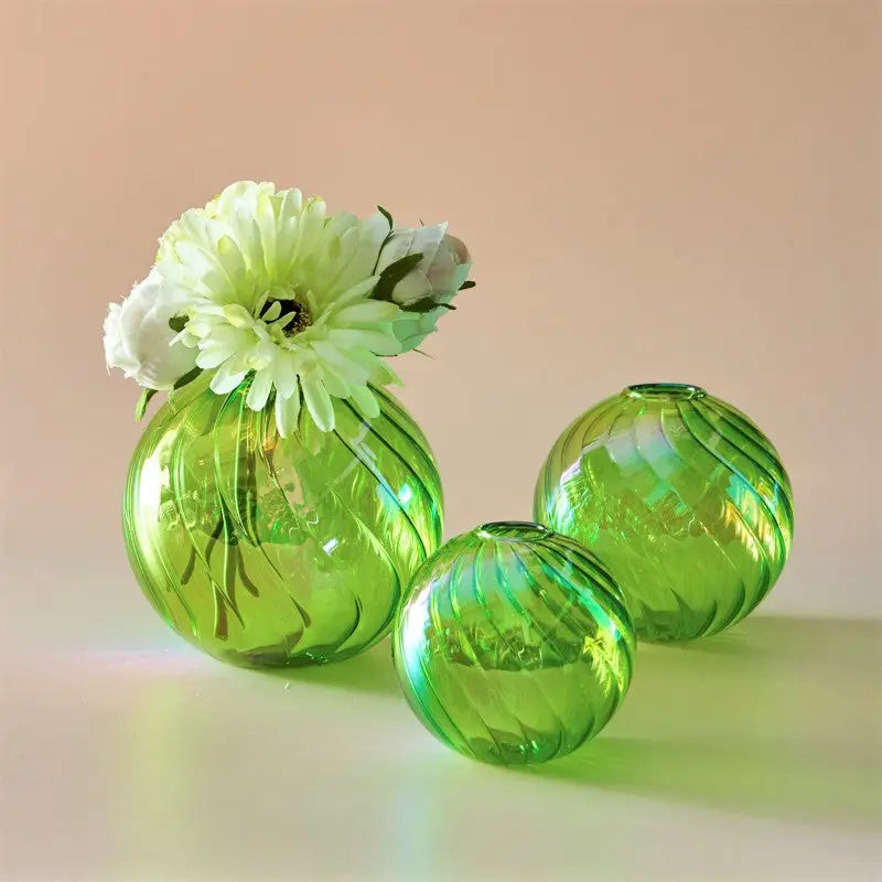 DecorBites™ vibrant green glass ball vase set with swirling ribbed patterns for elegant home decor use