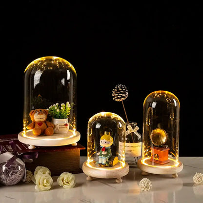 Decorbites™ glass bell jar terrarium with warm led light and wooden base displaying miniature decorative items