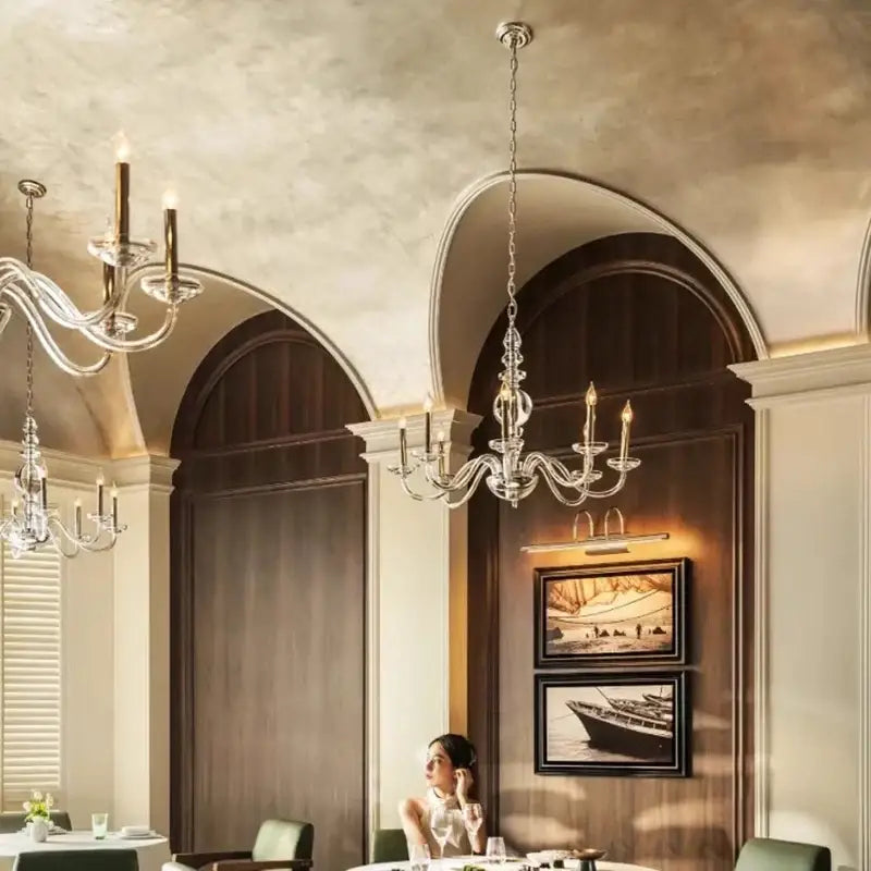 Crystal decorbites glass branch silver led chandelier with multiple arms and candle bulbs for living room ceiling
