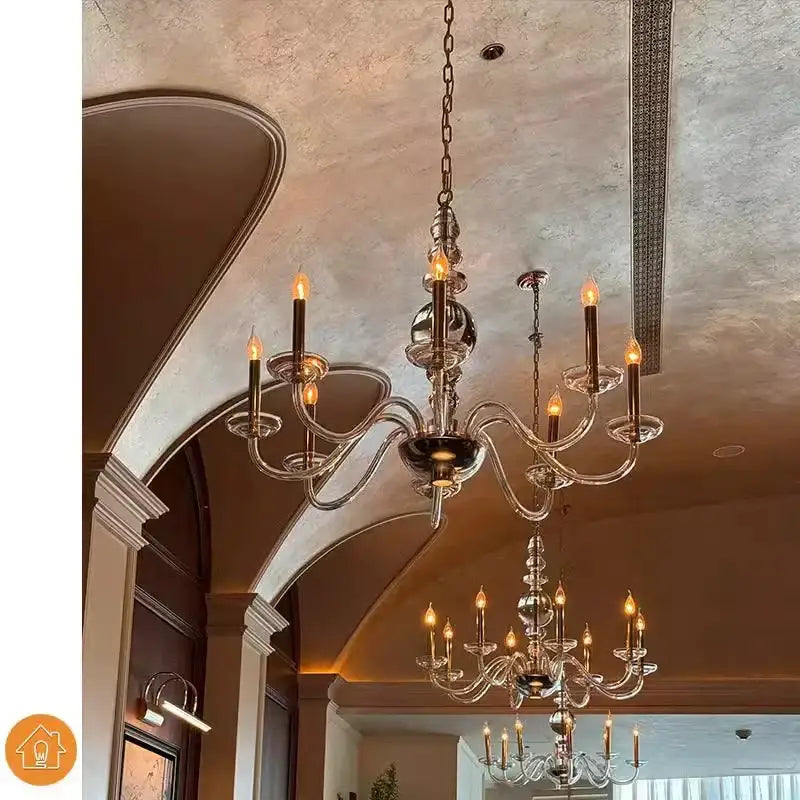 Decorbites glass branch multi-tiered chandelier with clear glass arms and silver metal chain for living room ceiling