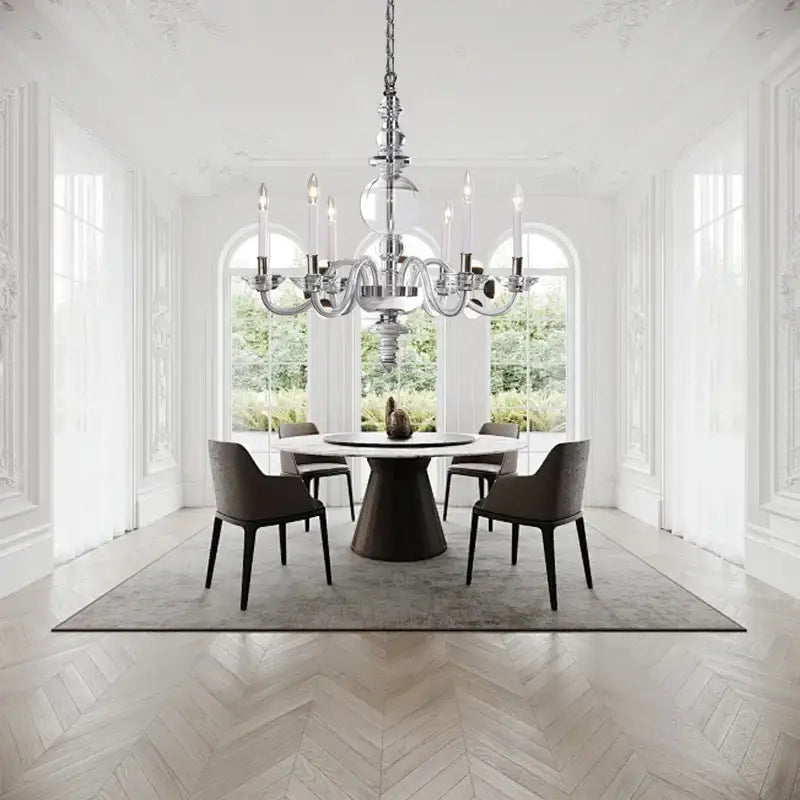 A sleek silver-toned decorbites glass branch led chandelier with multiple arms and candle-like bulbs for living room ceiling