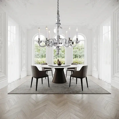 A sleek silver-toned decorbites glass branch led chandelier with multiple arms and candle-like bulbs for living room ceiling