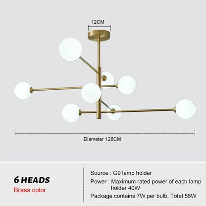 Decorbites glass brass chandelier with six spherical white glass lamps in brass color for living room lighting
