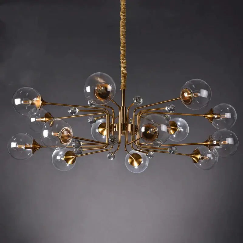 Gold-toned decorbites glass bubble chandelier featuring clear glass globe bulbs and crystal accents for living room lighting