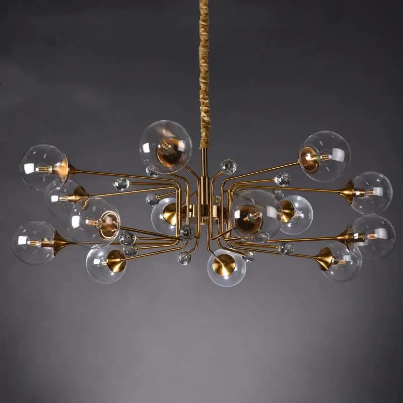 Gold-toned decorbites glass bubble chandelier with clear glass globe bulbs and crystal accents for living room lighting