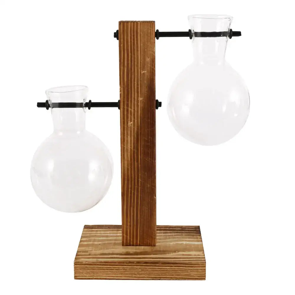 Decorbites glass bulb vase with clear round-bottom flasks mounted on a rustic wooden stand with black metal bars