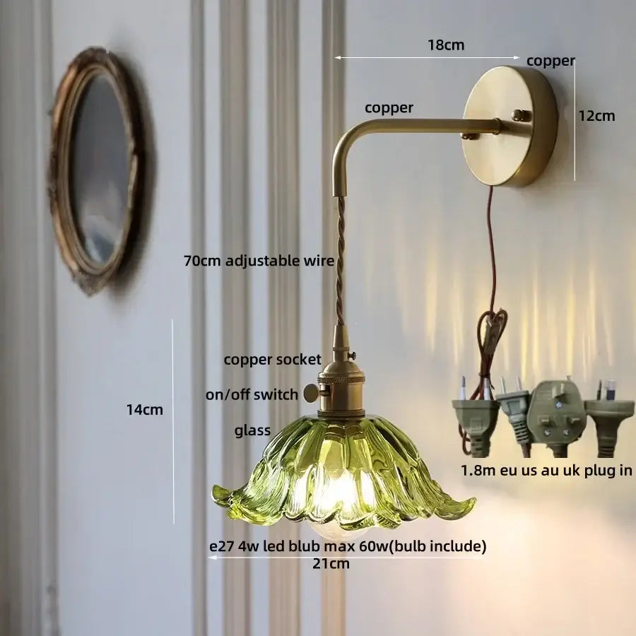 DecorBites™ copper green flower led wall sconce with pull chain and green glass flower-shaped shade
