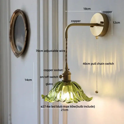 DecorBites™ copper green flower led wall sconce with a copper arm and green flower led glass shade with pull chain