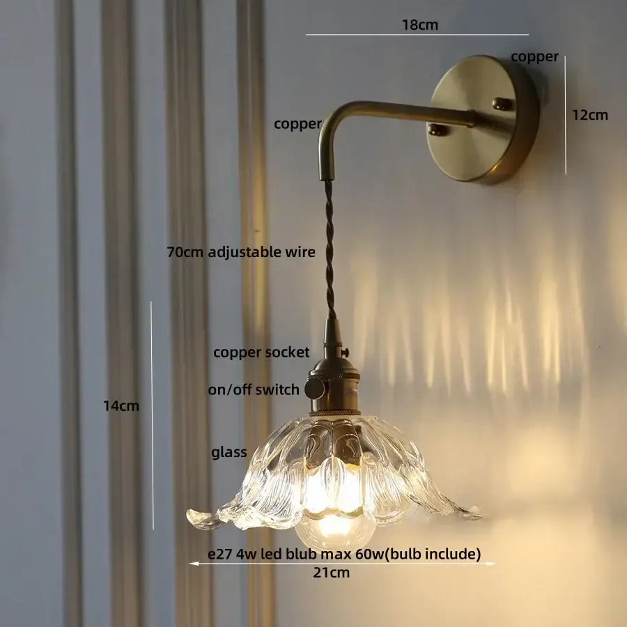 Decorbites™ copper green flower led wall sconce with petal glass shade and adjustable 70cm wire pull chain