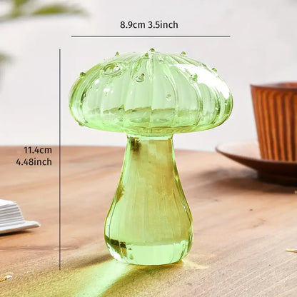 DecorBites™ translucent green glass mushroom hydroponic planter with ribbed cap and stem for home and garden