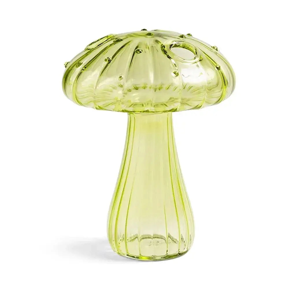 DecorBites™ translucent lime-green glass mushroom shaped vase with ribbed texture and small hole on cap for home decor