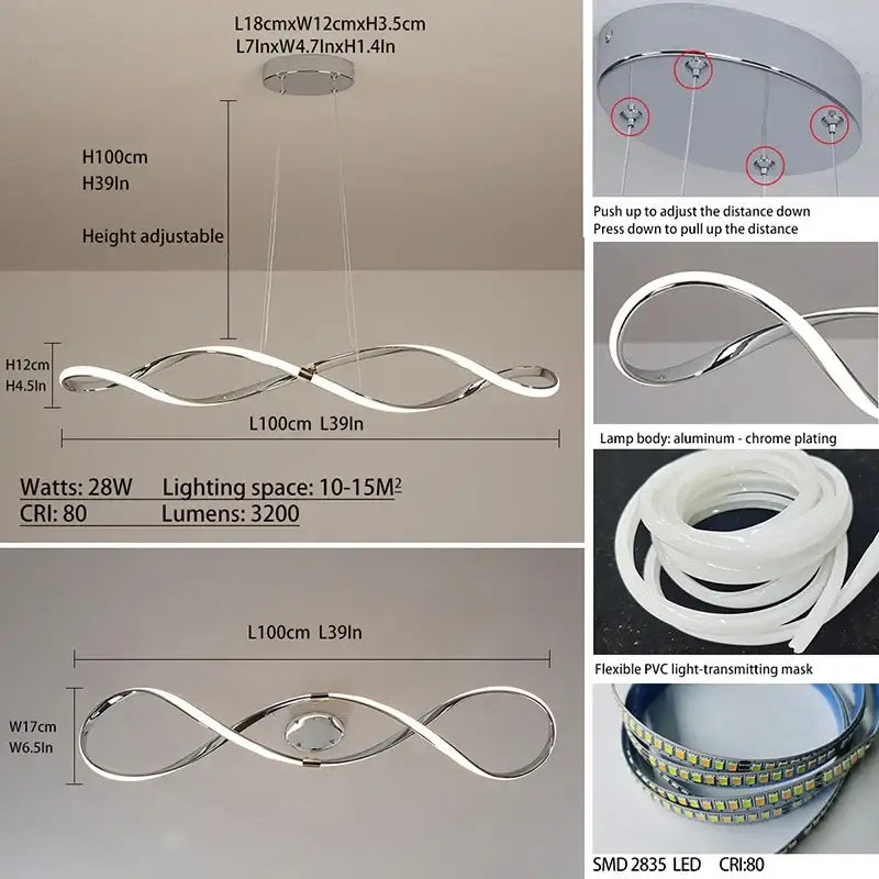 Decorbites™ glass pendant light with chrome-plated aluminum infinity design and led strip for modern home decor