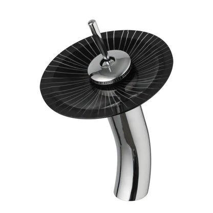 Decorbites™ chrome finished basin faucet with glass rocker handle and sleek curved waterfall spout over black glass bowl