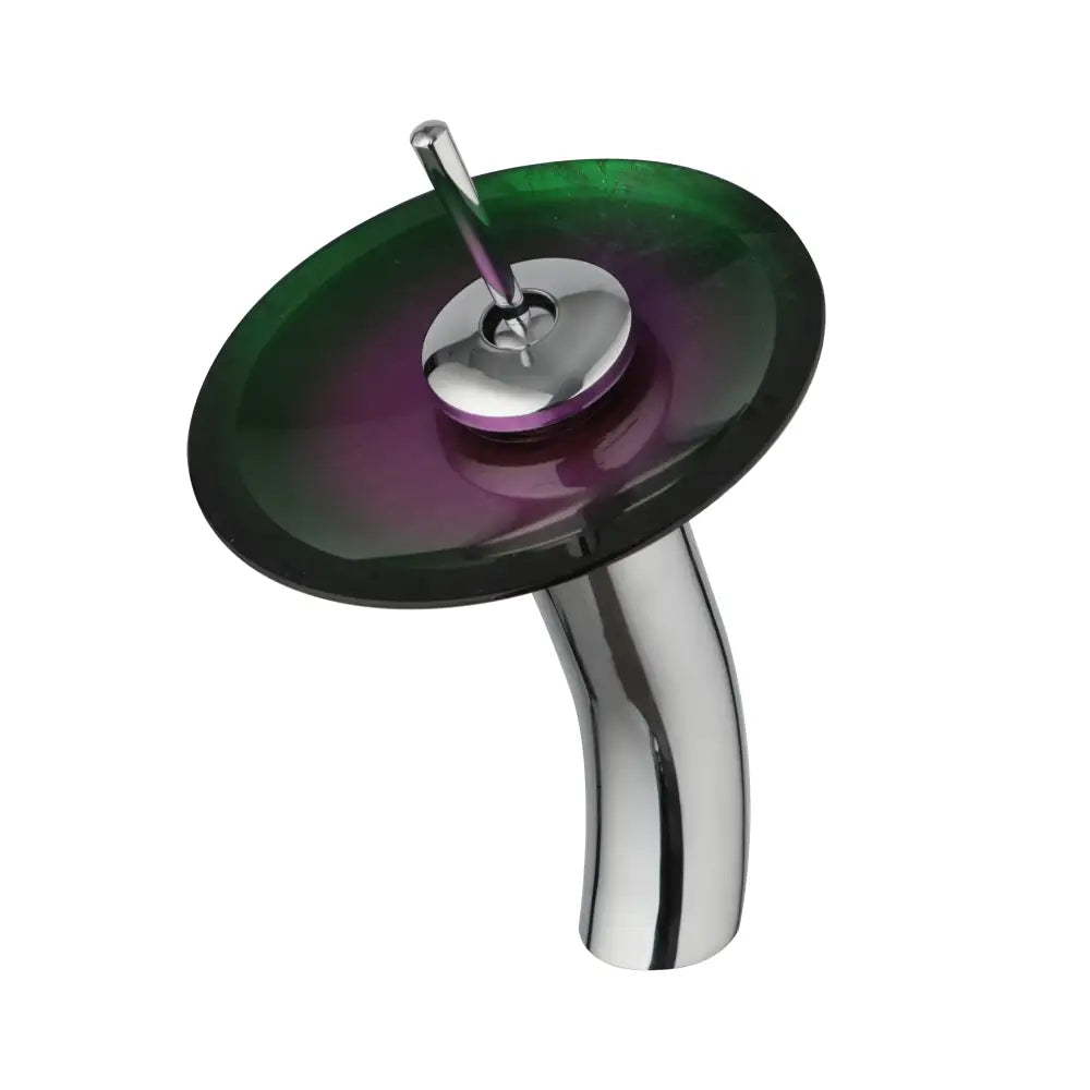 Chrome finished basin faucet with translucent glass rocker handle featuring iridescent green and purple gradient