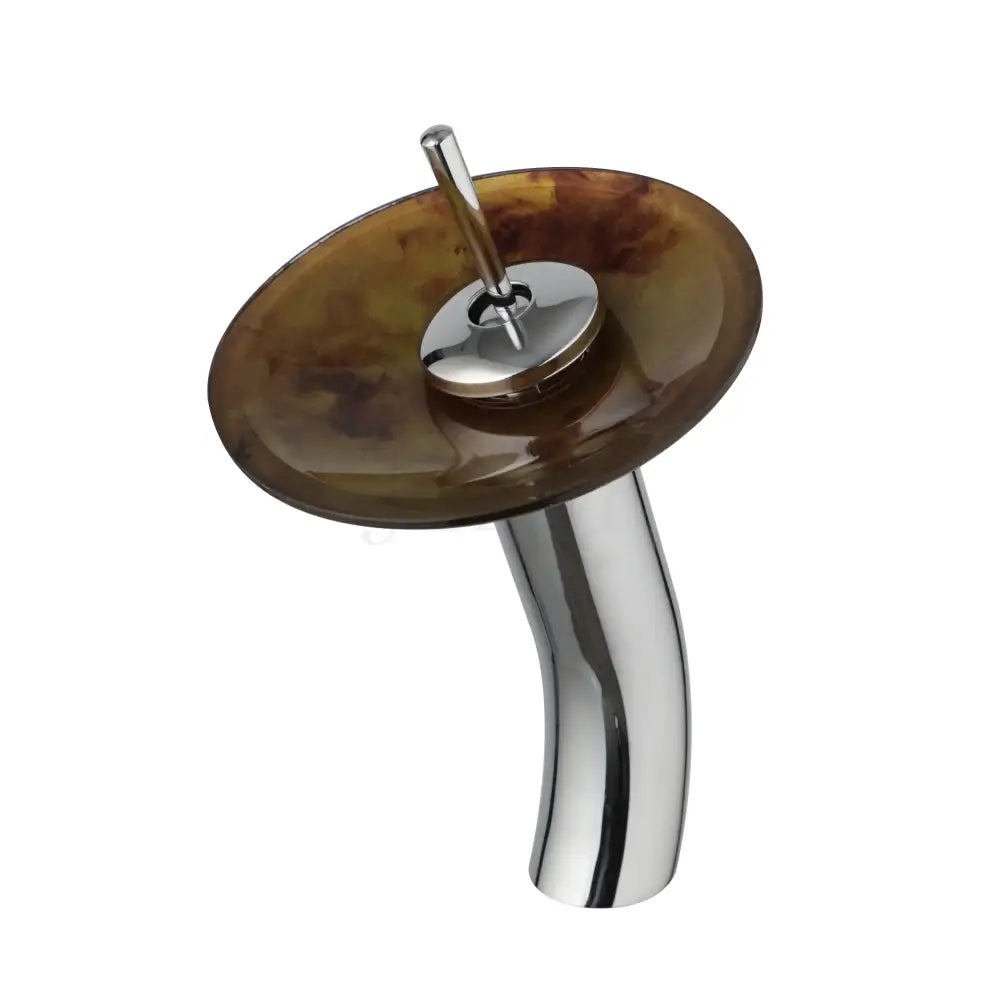DecorBites™ glass rocker handle basin faucet with polished chrome waterfall spout and amber glass basin with gold patterns