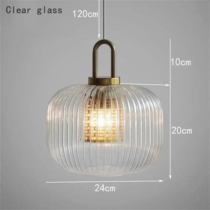 Decorbites glass stripe brass pendant light with clear ridged glass globe, antique brass chain, ideal for dining room lighting