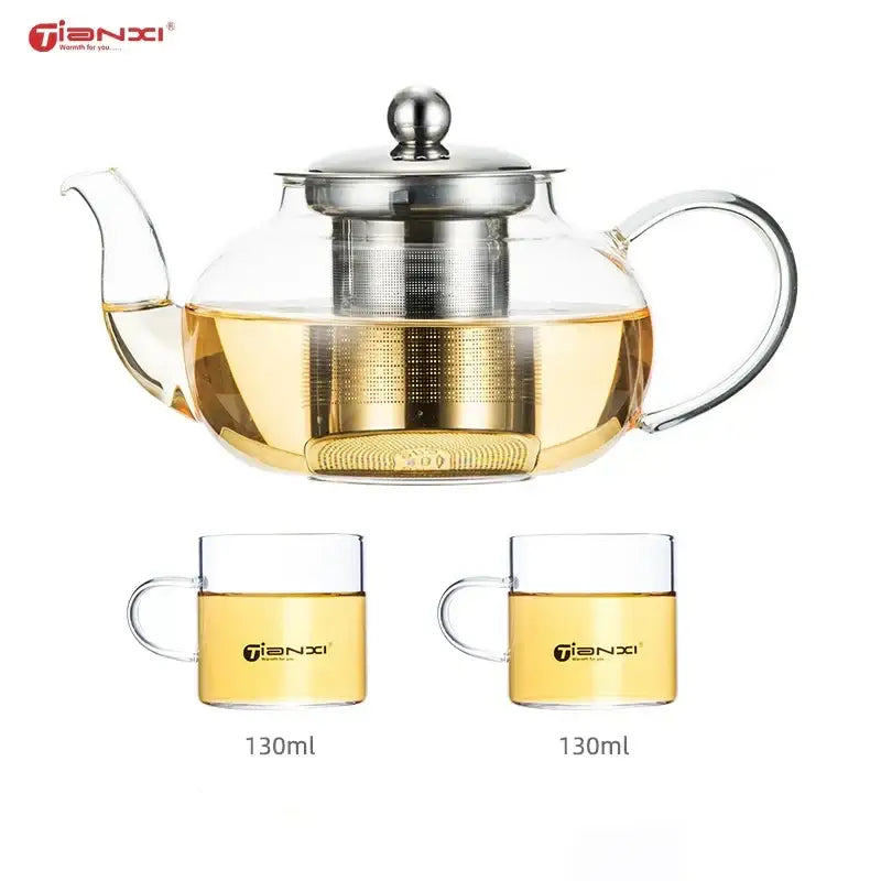 Clear glass tea pot with stainless steel lid and built-in filter, paired with two 130ml glass cups for steeping tea