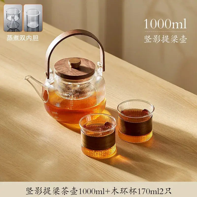 Clear glass decorbites glass tea pot with wooden handle and stainless steel filter with two 170ml glass cups