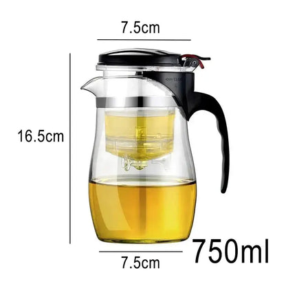 Clear glass tea pitcher with black lid and handle featuring stainless steel infuser from decorbites glass tea set