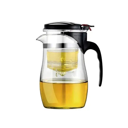 Decorbites glass tea infuser pitcher with black lid handle stainless steel rim and mesh strainer for loose-leaf tea steeping