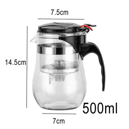 Decorbites glass tea infuser pitcher with black lid handle stainless steel rim and strainer in 900ml glass tea set