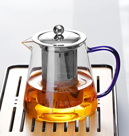 Decorbites glass teapot 550ml with heat-resistant clear glass, stainless steel lid and infuser, vibrant purple handle