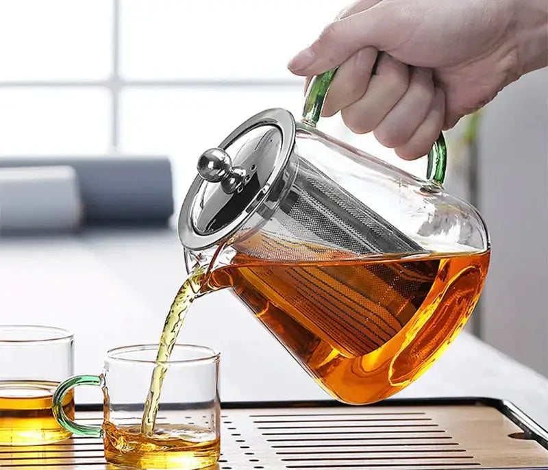 Decorbites glass teapot 550ml with green handles stainless steel lid and mesh strainer for steeping tea