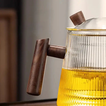 Clear decorbites glass teapot 900ml with vertical ribbed texture and dark brown wooden handle for puer kung fu tea