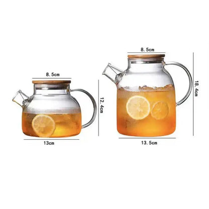 Decorbites glass teapot transparent glass teapot cold water jug with wooden lid stainless steel rim curved handle