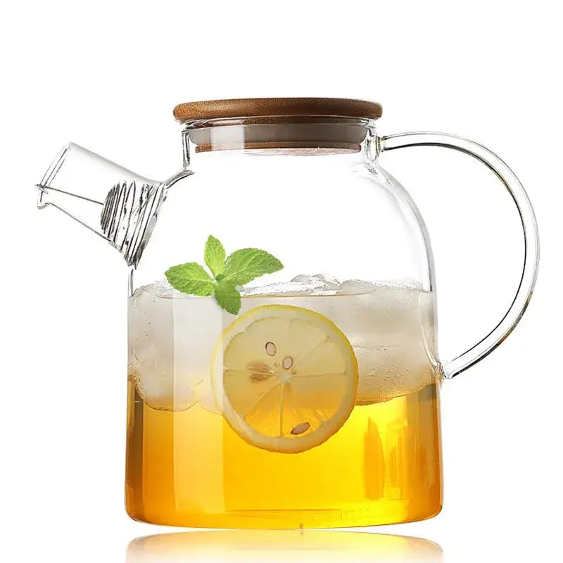 DecorBites glass teapot large capacity transparent glass teapot cold with wooden lid filled with iced lemon tea and mint leaves