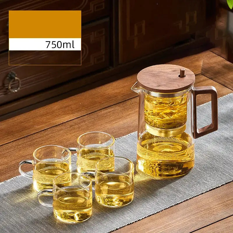 Decorbites glass teapot filter kettle set with 750ml borosilicate glass cups and wooden lid filled with golden tea